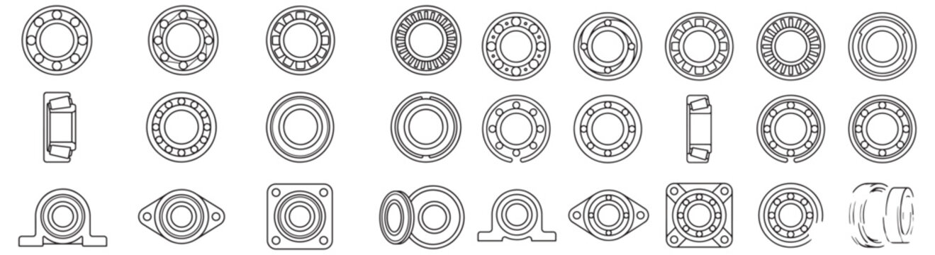 Mechanical Ball Bearing and Industrial Component Icon Set -  for Engineering Blueprints, Machine Design, and Manufacturing Diagrams
