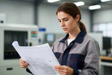 Obraz premium Woman reviewing technical plans in industrial workshop
