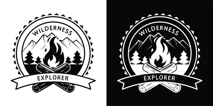 Wilderness explorer badge featuring a campfire with mountains and pine trees