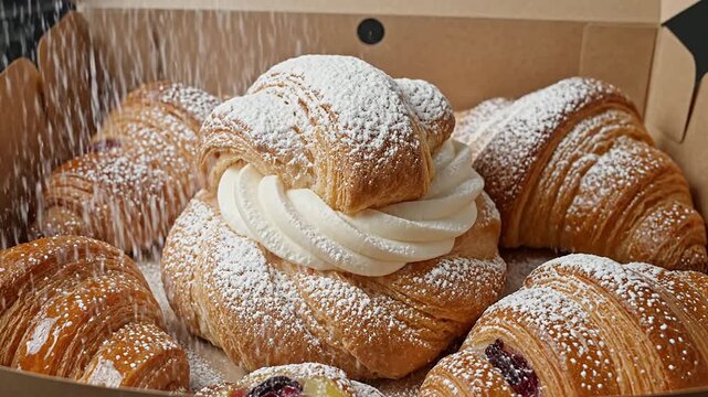 Assorted Croissants Displayed In Bakery Box With Creamy Filling And Powdered Sugar Topping, Perfect For Caf? Desserts