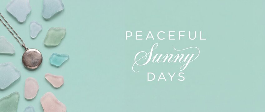 Sea glass and vintage locket on pastel green background with peaceful sunny days text overlay flat lay banner. Beach glass collection, nostalgic summer mood, copy space for serene coastal designs.