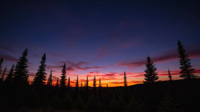 Time-lapse of vibrant sunset colors painting the sky over a serene forest of pine trees