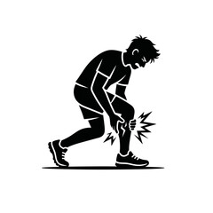 Fototapeta premium Runner silhouette demonstrates a leg injury with a star burst symbol indicating acute pain and muscle trauma sustained during a high impact athletic activity on a plain white studio background.