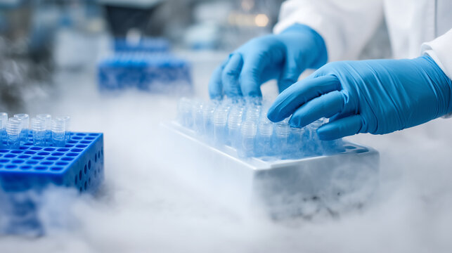 Cryogenic sample storage in biotechnology laboratory with blue gloved scientist hands, liquid nitrogen vapor, frozen specimen tubes, IVF biobank, stem cell preservation, with copy space