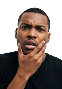 Young black man, mid-20s, short hair, black t-shirt, hand on jaw, face contorted in agony, wide eyes, furrowed brows, white studio background, sudden severe pain concept