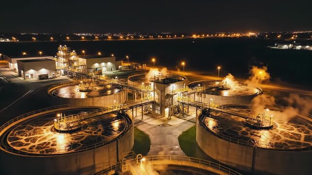 Aerial night view of illuminated wastewater treatment plant with glowing tanks and steam, concept of sewage purification, water management and industrial infrastructure