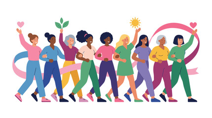 Obraz premium Diverse group of women walking together in solidarity supporting each other with symbols of hope and growth Vector