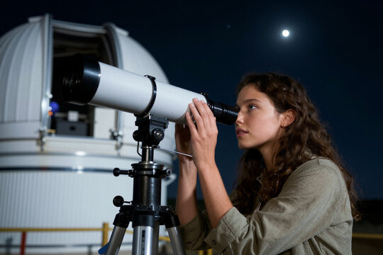 Girl observing through telescope at observatory under moon