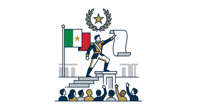 Mexican historical figure raises scroll with Mexican flag and laurel wreath above cheering crowd Vector