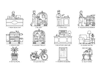 Obraz premium Set of hotel staff and resort equipment line icons