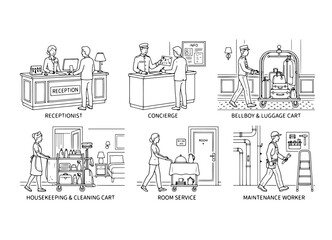 Obraz premium Hotel staff and equipment line art collection for travel
