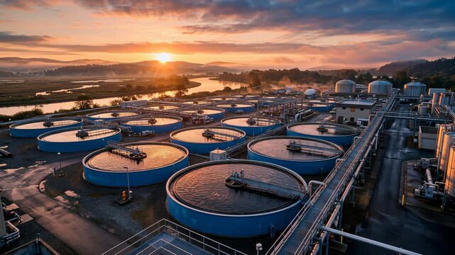 Aerial sunrise view of a water treatment plant with circular clarifier tanks, rising steam and wastewater purification infrastructure for environment, sanitation and municipal utility video