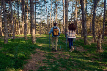 Fototapeta premium Couple with backpacks and trekking poles walking on a dirt path through a sunlit pine forest, actively exploring the outdoors and embracing wellness during an adventure
