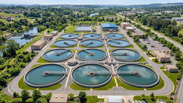 Aerial drone footage of modern water purification plant with circular clarifier tanks, concept of clean environment and green infrastructure