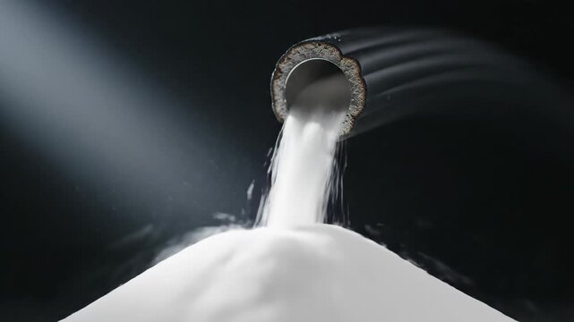 White powder flowing from a dark industrial pipe onto a growing mound. Manufacturing process of granular material in a factory setting. Bulk storage production