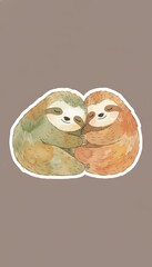 Obraz premium Watercolor Illustration of Two Cute Sloths Hugging, Sticker Style Art on Neutral Background
