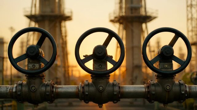Three industrial valve handwheels on refinery pipelines at golden sunset, oil and gas facility silhouette for energy infrastructure, petrochemical industry and engineering background