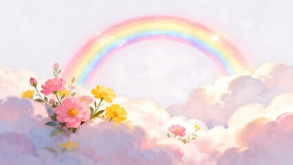 Fototapeta premium Clouds with flowers and rainbow