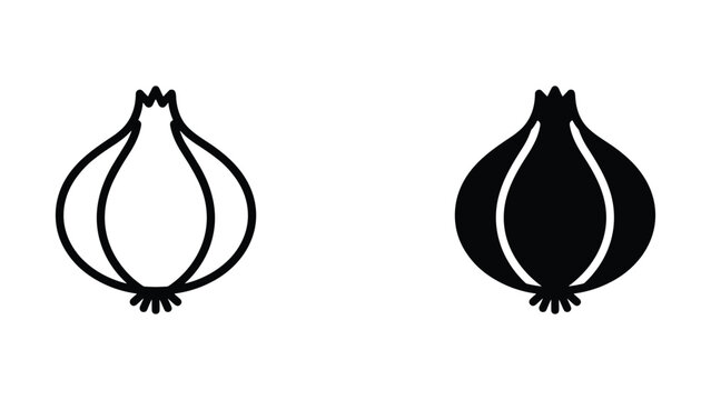 Fresh onion vegetable icon set in linear and solid black for healthy cooking and culinary branding