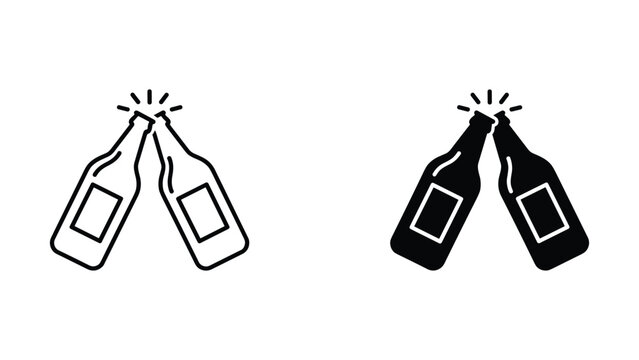Two beer bottles clinking together line and silhouette icons vector illustration design set