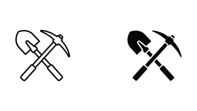Crossed shovel and pickaxe icon in outline and solid black silhouette for mining and construction