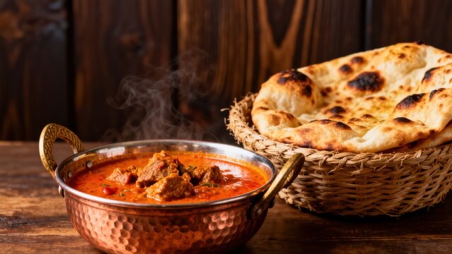 Steaming curry and naan bread