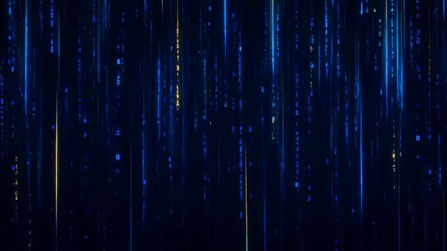 Blue and yellow binary code lines falling on dark cyberspace background, futuristic big data streaming and internet technology animation