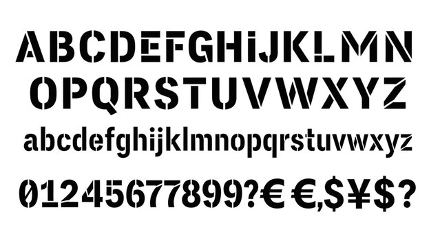 A stencil font alphabet, numbers, and symbols displayed in black on a white background.