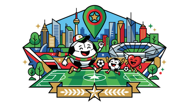 Colorful cartoon illustration of soccer mascots on a football field with Kuwait city skyline background. EPS Editable