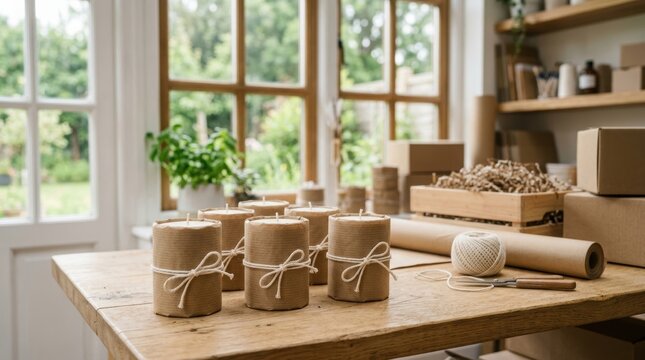 Handmade candles wrapped in brown paper on wooden table. Packaging process for small business home decoration. Eco friendly gift concept for retail shop or organic lifestyle boutique.