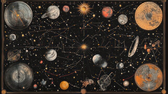 A vintage celestial map showcasing constellations, planets, and stars on a black background, perfect for astronomy enthusiasts.