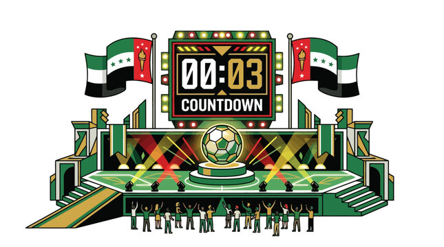 Football stadium stage illustration with UAE flags and countdown timer scoreboard showing three seconds to kickoff. EPS Editable