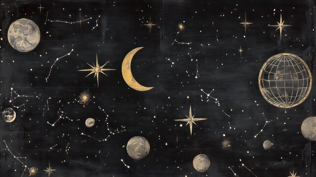 A vintage celestial map showcasing constellations, planets, and stars on a black background, perfect for astronomy enthusiasts.