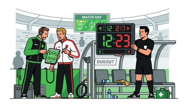 Football coach explaining tactics to player near dugout while referee holds substitution board. EPS Editable