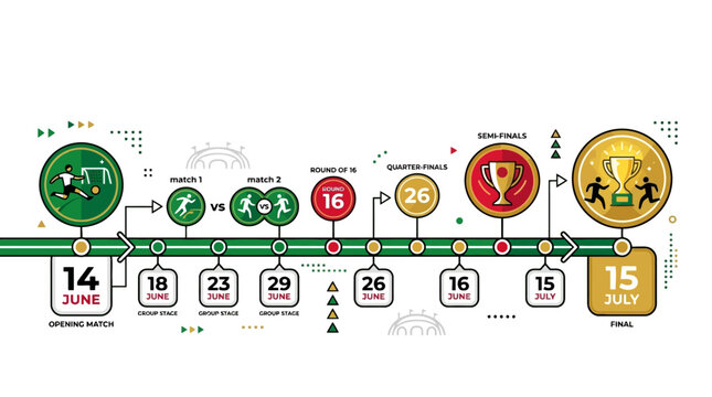 Football tournament schedule timeline infographic vector illustration showing match dates from June to July. EPS Editable