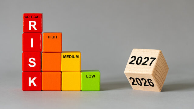 Risk levels matrix critical high medium low next to wooden cube showing years 2026 and 2027. Annual business risk comparison and economic forecasting concept