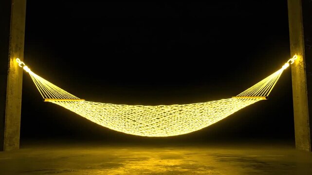 Glowing yellow hammock suspended between two concrete pillars in a dark space. Abstract interior design concept showcasing light installation in a minimalist room