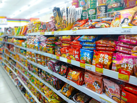Borobudur, Indonesia, June 5, 2026: Assorted Instant Noodles on Store Shelves