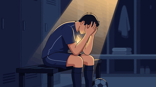 Sad soccer player sitting on a bench in a dark locker room after losing a match illustration. EPS Editable