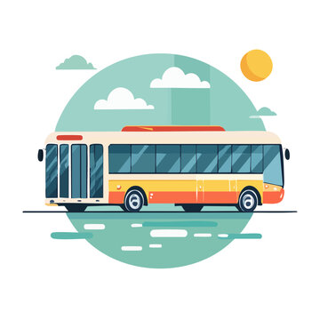 Flat design illustration of a city bus with clouds and sun