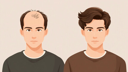 Fototapeta premium Before and after hair loss illustration, portrait of a young man with thick hair and thinning hair