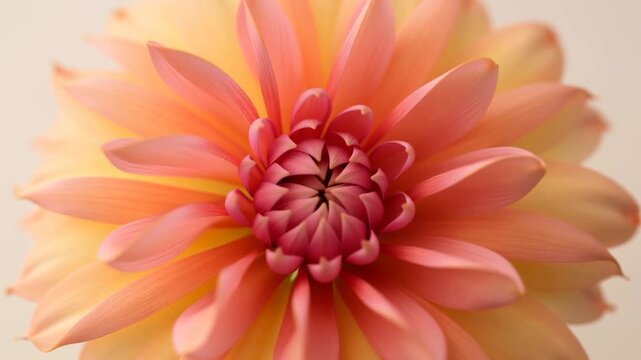 Close-up of a vibrant dahlia flower, petals transition from soft peach to warm orange hues. The center is tightly packed with delicate, layered petals. Each frame captures subtle color gradients