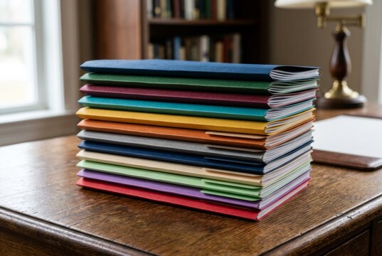 A Stack of Colorful Folders on a Wooden Desk