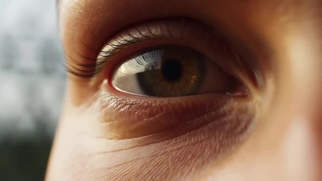 Close-up of a human eye with detailed eyelashes and skin texture. Eye reflects light, showing focus and calm awareness. Background softly blurred, emphasizing eye's intensity