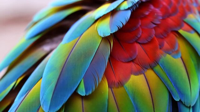 Close-up of a macaw's colorful feathers. Red, blue, and green hues blend vividly. Feathers show fine texture and natural sheen. Slight motion suggests gentle movement. Ideal for nature, wildlife