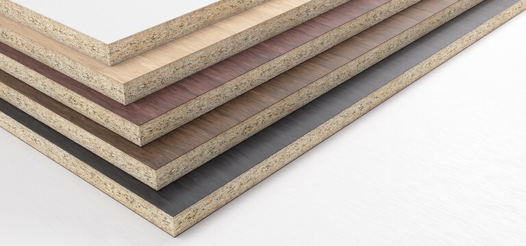 Multi-colored particleboard panels. CGI.