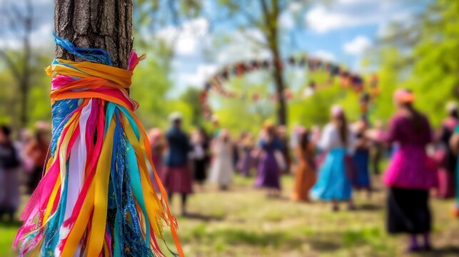 A single brightly colored ribbon tied to a maypole, with participants in traditional clothing dancing in circles in the background during a spring festival.