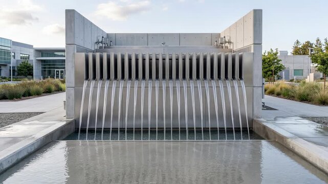 Modern concrete water feature with metal grate and cascading waterfall outside corporate building, architectural exterior design for office plaza, urban landscape and business entrance