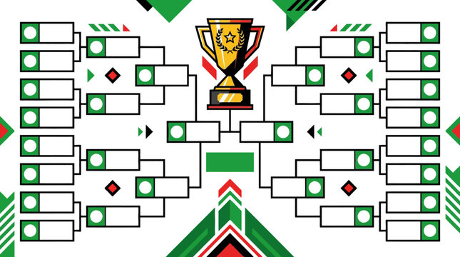 Tournament bracket template with golden championship trophy cup and green geometric design elements. EPS Editable