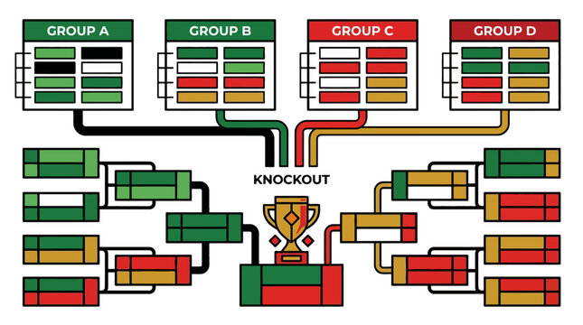 Tournament bracket infographic template with group stage and knockout phase leading to championship trophy. EPS Editable